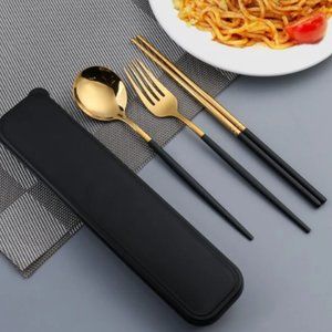 Cutlery Three-piece Stainless Steel Portable Spoon Fork Chopsticks Set [Golden]